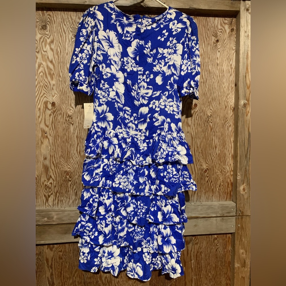 VTG 80s Connections Deadstock blue white Hawaiian print fit n’ flare party dress